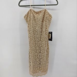 JS Boutique Gold Lace floral sparkle mini dress with scallop hem Size 6